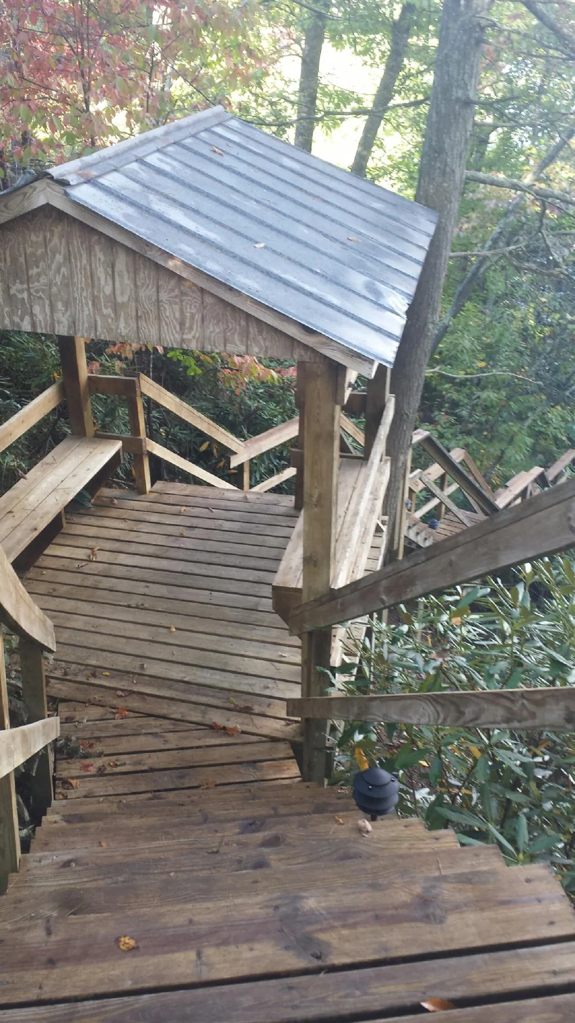 Metal roofed shelter over wooden steps on a wooded walkway — Skylight Repair & Installation work by our crew in Beemer